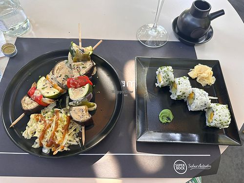 Vegan Robata and Avocado, mango & chive sushi roll  at Matchamama in Lisbon