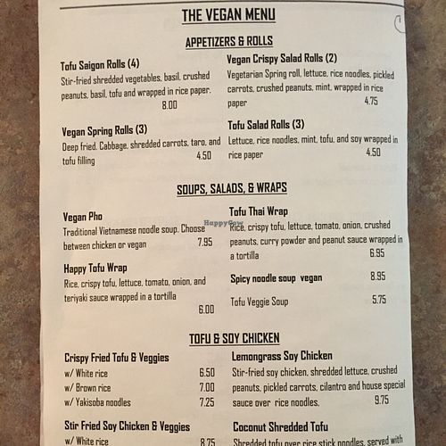 Vegan menu at Bamboo Hut in Salmon Creek