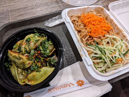 'Spicy Vegan Beef' dumplings (10$/8pcs) and 'Dry Noodle w/ Mashed Sesame Sauce & Peanut Sauce' (6$) at Vanessa's Dumpling House -  Lower East Side (Chinatown) in New York City