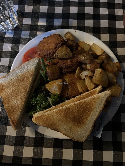Vegan falafel breakfast with regular toast instead of GF, and homefries instead of beans.  at Claudine's Eatery in Fredericton