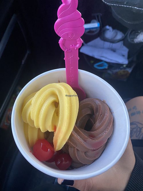 Vegan Mango and Vegan Rocky Road 💕 w/Cherries  #Veganuary at Menchie's Frozen Yogurt in Riverbank