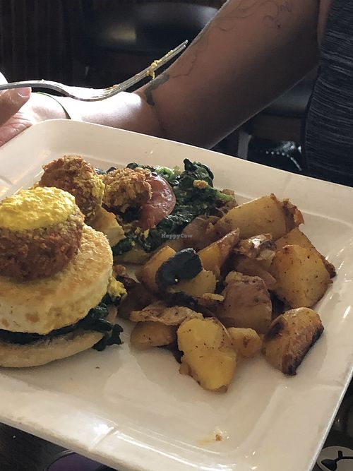 Vegan crab cake and tofu benedict at 3 Brothers Pizza Cafe in Farmingdale