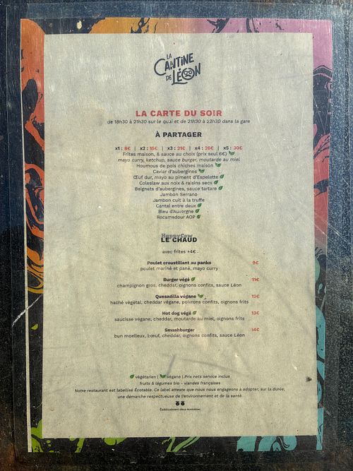 Dinner menu at Le Hasard Ludique in Paris