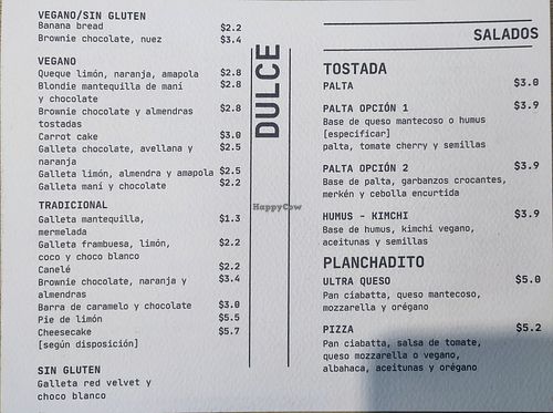 Menu w/vegan options at Café Área in Santiago