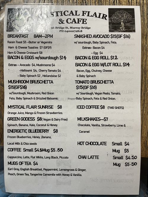 Menu  at Mystical Flair in Murray Bridge