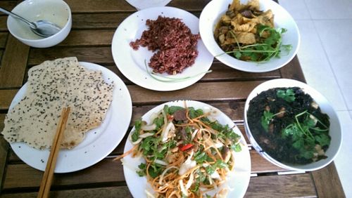 spicy salad, seaweed soup and mushrooms with tofu at Karma Waters in Da Nang