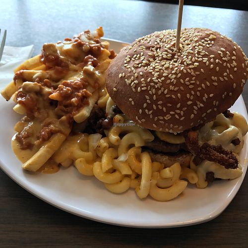 BBQ, Mac and Cheese, onion ring burger with chili cheese fries at The Happy Hooligans in San Jose