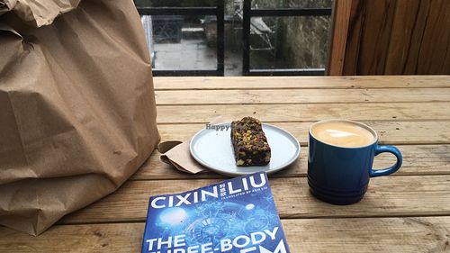 Tiffin and flat white with oat milk  at Triangle Bakehouse in Sowerby Bridge