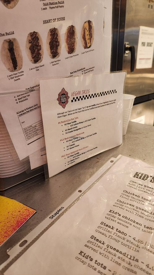 Vegan menu by register at Velvet Taco in Grapevine