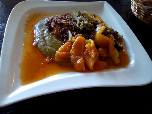 Baked leek and broccoli on pea puree at Cafe MoMo in Trier