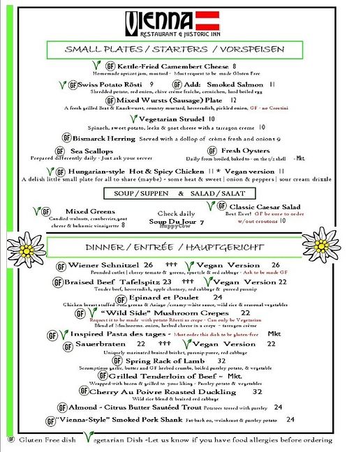 Vegan/Vegetarian and Gluten-free menu  at Vienna Restaurant and Historic Inn in Southbridge