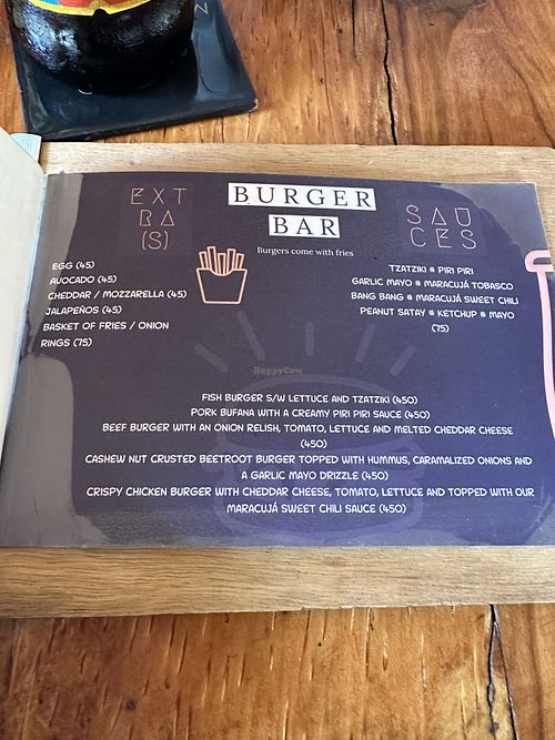 Burger menu with one vegan burger.  at Maracujá in Tofo