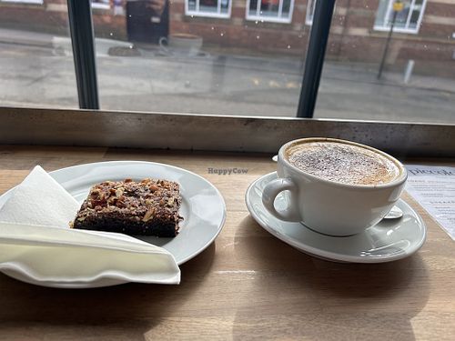 Vegan brownie and soya latte  at Caffe Piccoloco in Newcastle-under-lyme