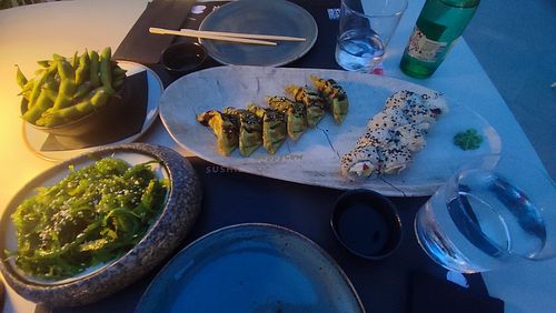 Edamame, Wakame salad, fried vegetable Gyoza's and vege Sushi Rolls at Biberon Sushi & Bar in Split