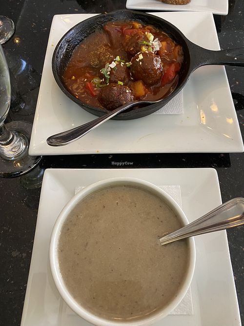 Vegan cream of mushroom and “meatballs"  at Walnut Grille in Newton