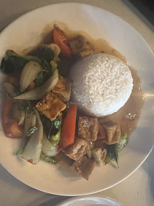 Vegan basil stir fry with rice  at Anna's Thai Kitchen in Chicago