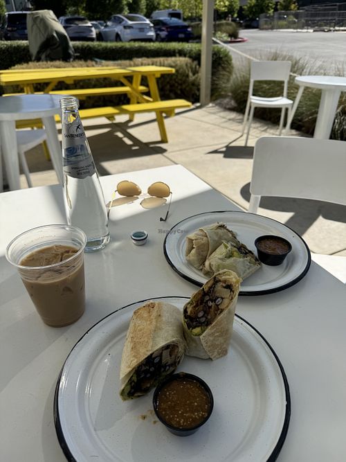 vegetarian burritos, made vegan + maple sea salt latte with oat milk!💗 at Daycamp Coffee in Chico