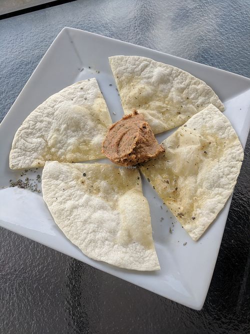 "Flatbread" with hummus (seemed more like tortillas to me) at Elita - temporarily closed in Canmore