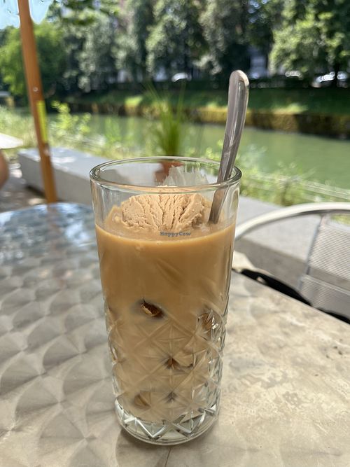 iced coffee with soy milk and chickpea ice cream (hazelnut flavor)  at Grashka Deli in Ljubljana