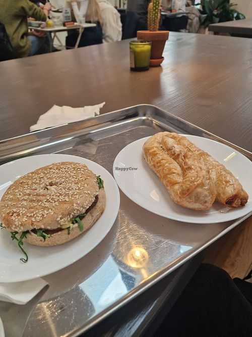 Toasted bagel pastrami sandwich 6.50, with boreka at Grashka Deli in Ljubljana