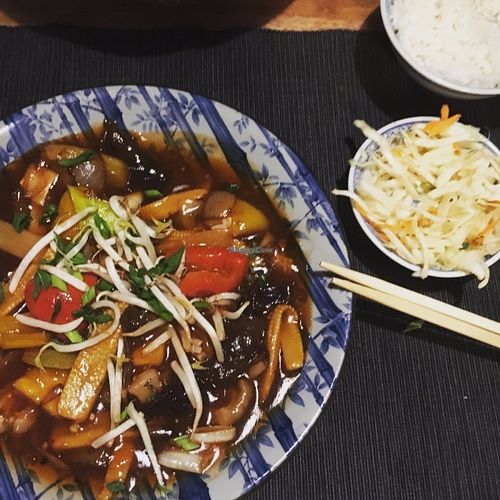 Pod Norenami: main dish with 'fake' meat, served with jasmine rice & some fresh veggies at Pod Norenami in Krakow