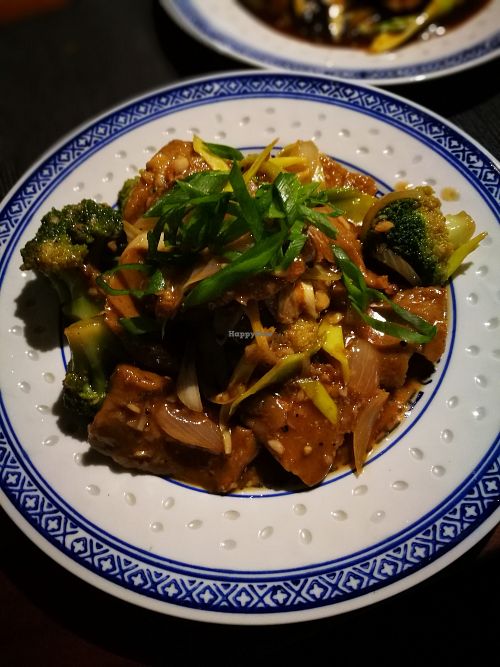 faux-beef main courses with  broccoli at Pod Norenami in Krakow