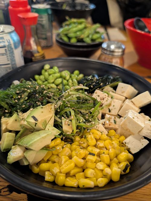 Vegetarian poke bowl and garlic edamame at Hokkaido Ramen House in Santa Cruz