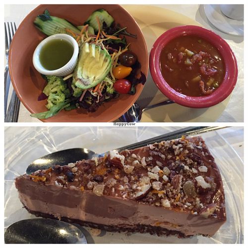 House salad with avocado, vegan chili, and 'cheese'cake. All vegan! All yummy! at Great Full Gardens - Midtown in Reno