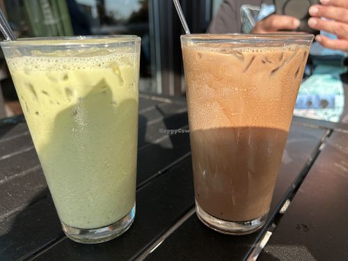 Iced matcha latte and iced mocha both with oat milk and asked for maple syrup in place of honey for the matcha. Both were only slightly sweet.   at Great Full Gardens - Midtown in Reno