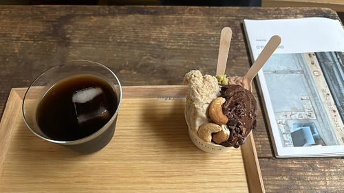 Iced barley tea and chocolate and cashew gelato  at SHUKA - 種菓 in Kyoto