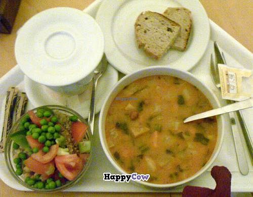Stew - one pot meal: leek, potatoes, beans. Salad I chose from the salad bar. Lighting in the restaurant isn't suitable for taking photos, I adjusted white balance to make the colours more realistic. at Ajdovo Zrno in Ljubljana
