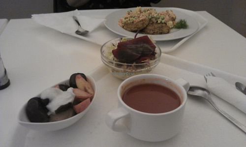 Soup, desert and salad in the foreground, main meal to the rear.  at Ajdovo Zrno in Ljubljana