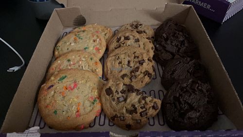 Vegan Birthday Cake, Chocolate Chunk, and Double Chocolate cookies   at Insomnia Cookies in Chico