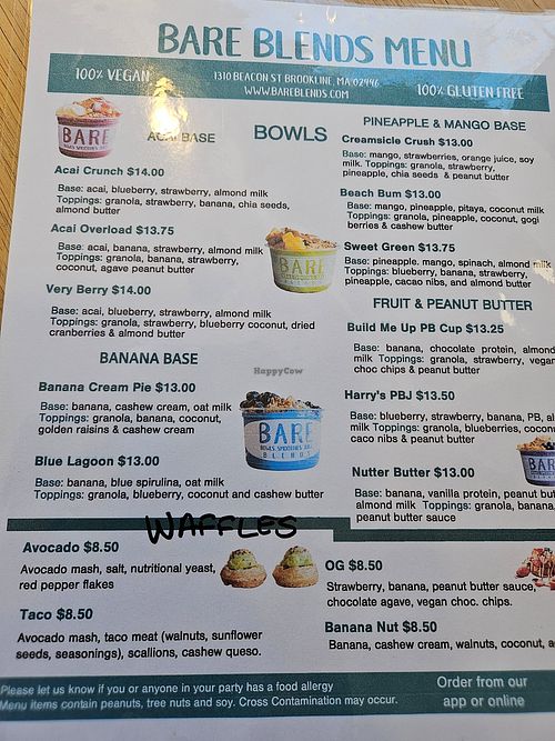 Menu at BARE Blends in Brookline