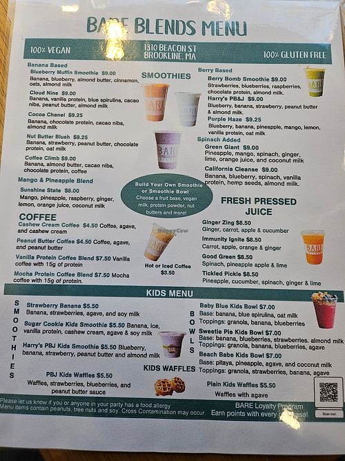 Menu blend at BARE Blends in Brookline