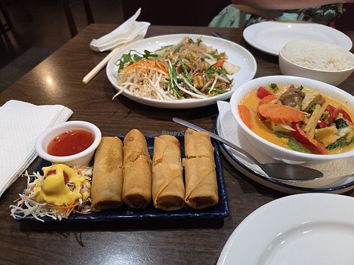 Vegetable egg rolls, pad thai, pumpkin curry at King of Thai Boat Noodles in Honolulu