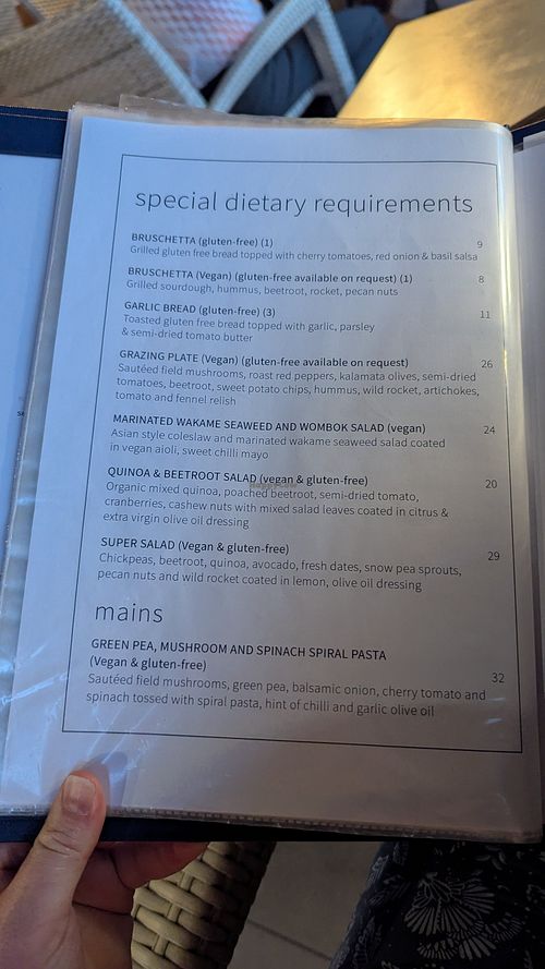 Special menu with clearly labeled vegan items at Dundees on the Waterfront in Cairns