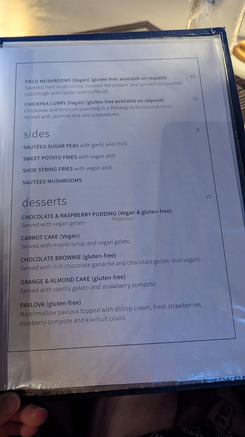 Special menu with clearly labeled vegan items at Dundees on the Waterfront in Cairns