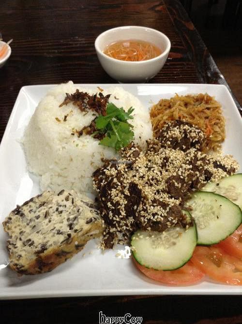 Broken rice with shredded vermicelli, steamed tofu cake, and faux beef (althouth the menu said steamed egg it is actually a tofu cake) at An Lac Duyen in Garden Grove