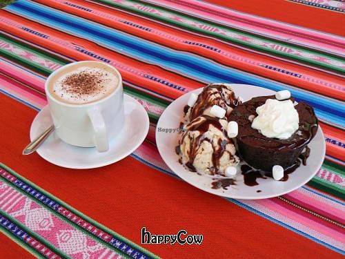 Cappuccino and Chocolate brownie at La Casa de Bamboo in Huacachina