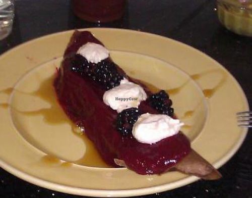 Raw crepe. Chocolate cashew cheese cream filling, vanilla cashew cheese with fresh berries on top. Sauces are blended berries, and raw agave nectar. at Balance in Logan