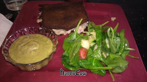 Salad with raw miso dressing, Reuben sandwich with eggplant, sauerkraut, and cashew cheese, and a raw Mexican soup.  at Balance in Logan