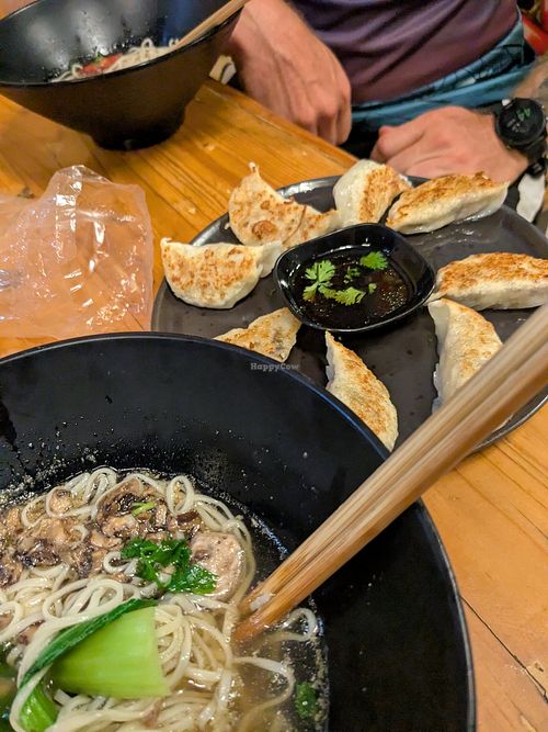 Noodle soup with mushrooms (real good) and gyoza's at Yunnan Vegetarian Noodles Shop - หงส์หงส์บะหมี่ยูนนาน in Chiang Rai