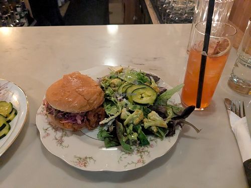BBQ Pulled "Pork" Sando with side salad & La
 Llorona at JUNE in Beaverton