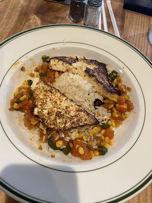 Blackened Tofu on a bed of rice and corn succotash.   at Fixins in Sacramento