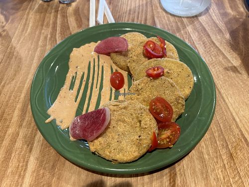 Veganized fried green tomatoes (except the sauce)  at Fixins in Sacramento