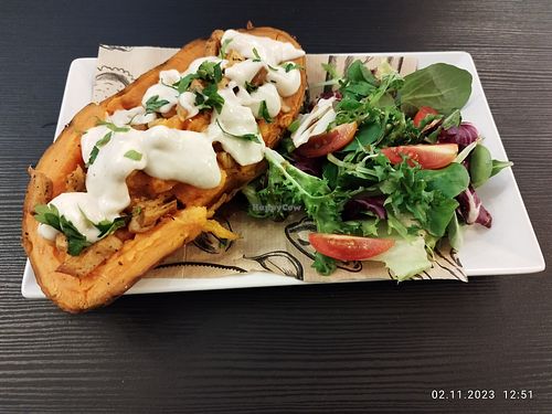 Baked batat and salad at Corgi's Cafe in Sofia