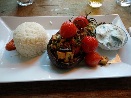 amazing dish: aubergine filled with tofu, with basmati rice and vegan tzatziki on the side at Studio K in Amsterdam