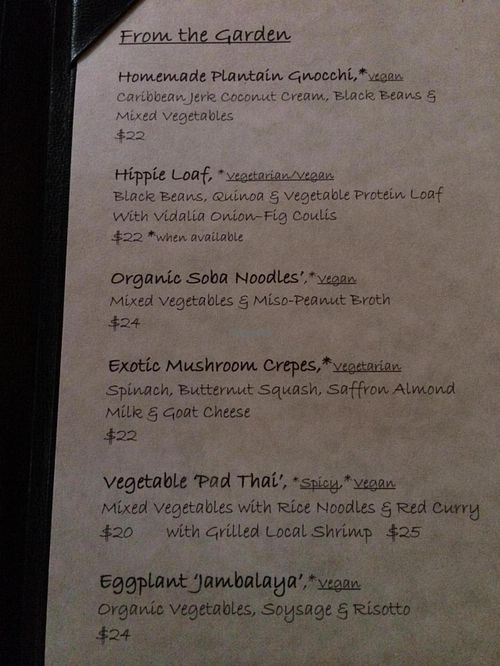 Part of the Menu at The Studio in Hilton Head Island