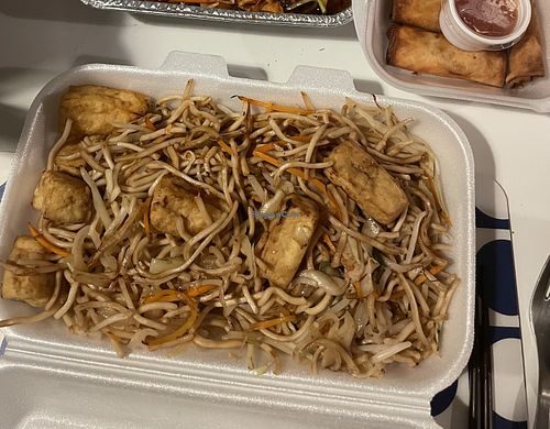 Fried noodles with tofu + vegetables spring rolls  at Asia Imbiss Panda in Mannheim